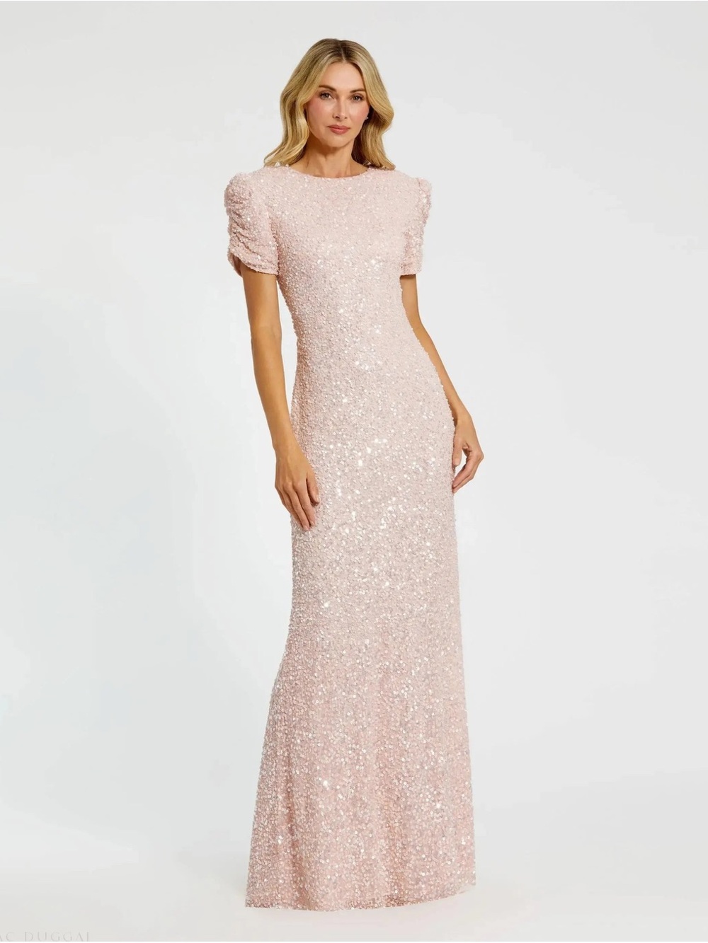 Mac Duggal Pink Gathered Short Sleeve Sequin Embellished Gown 24003 $698